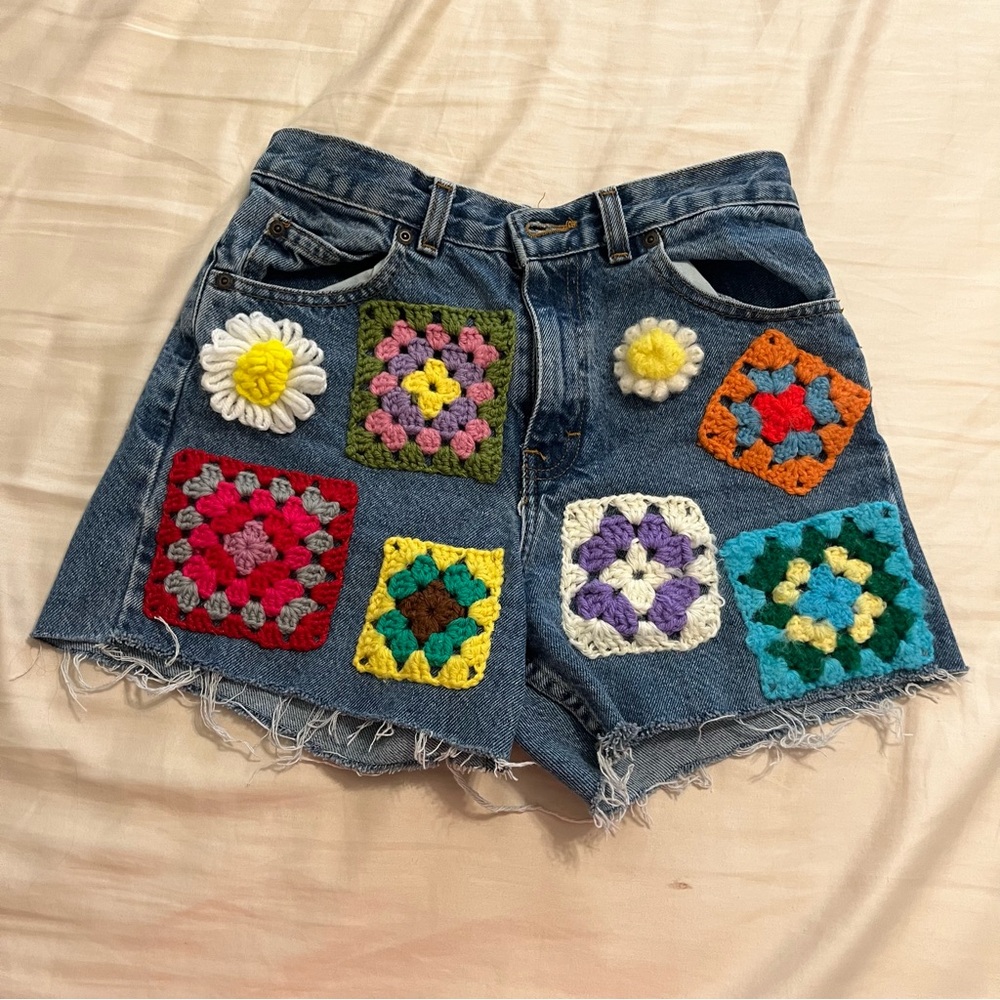 Crocheted denim cut off shorts by The Series NY called “granny shorts” size 26